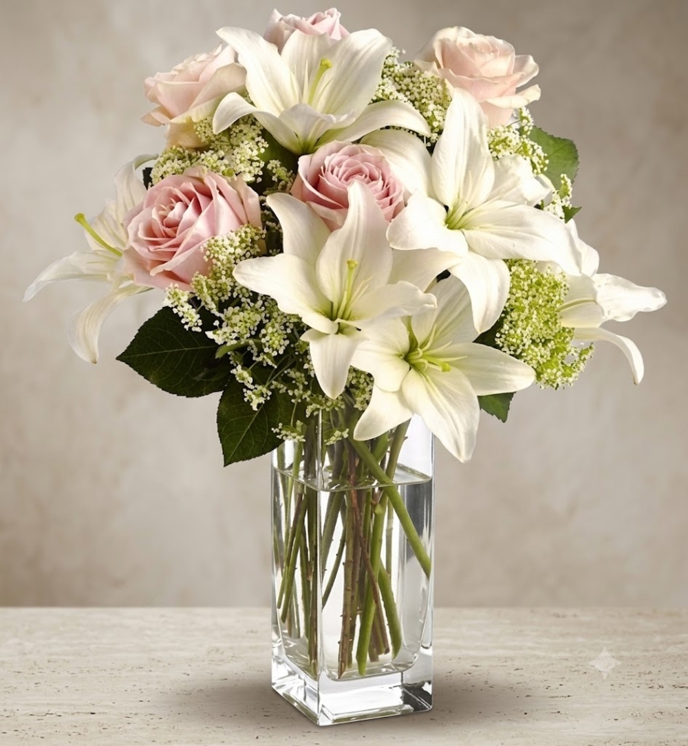 White Lilies and Pink Roses in a Vase