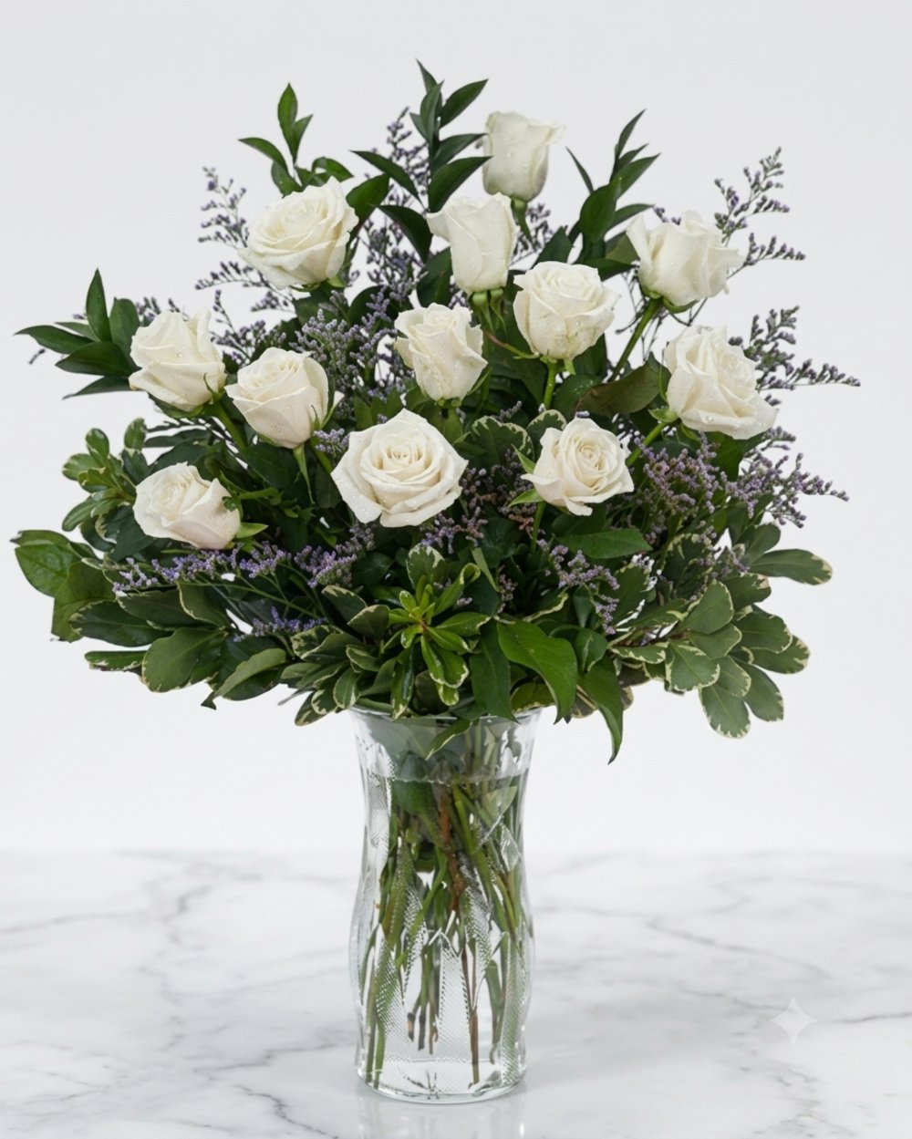 Vase with 10 Stems of White Roses & greens