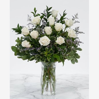 Vase with 10 Stems of White Roses & greens