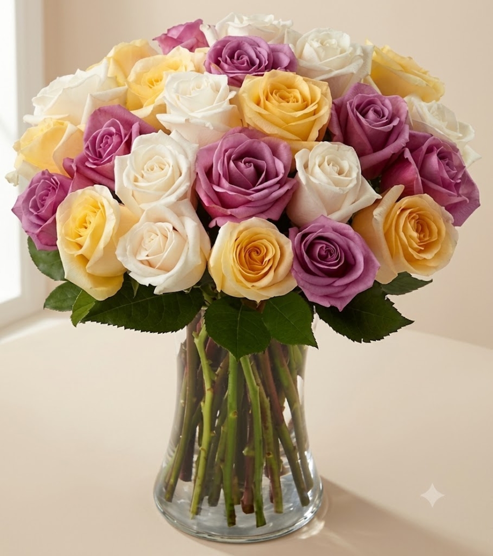 Yellow, White and Purple Roses Vase