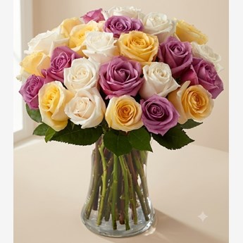 Yellow, White and Purple Roses Vase