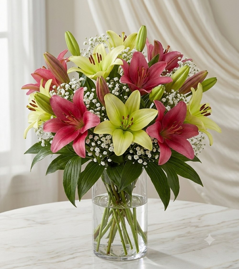 Pink and Yellow Lilies with Baby’s Breath in Vase