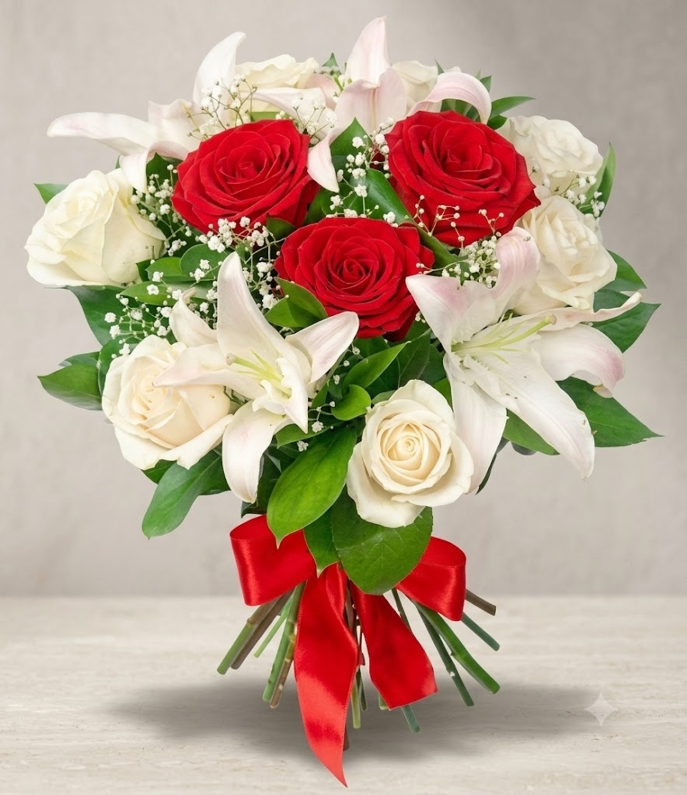 Red and White Roses with Lilies Bouquet