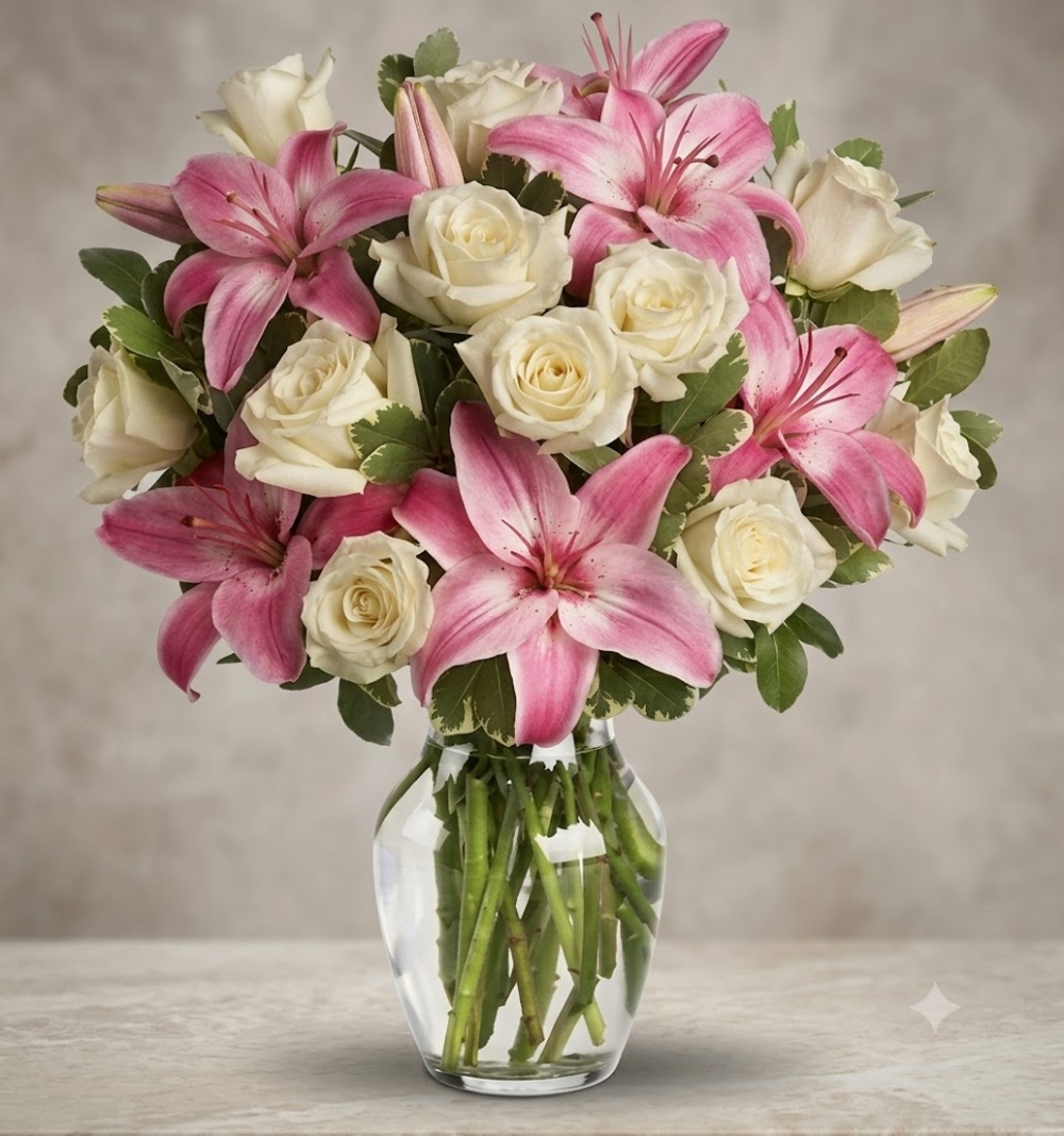 Pink Lilies and White Roses Vase