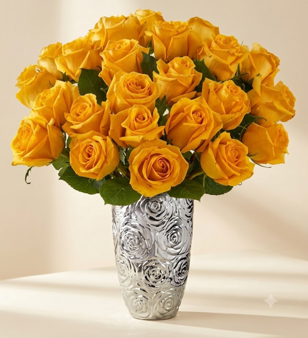 24 Yellow Roses in a Vase