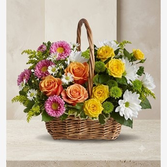 Mixed Pink, Yellow and Orange Flowers Basket