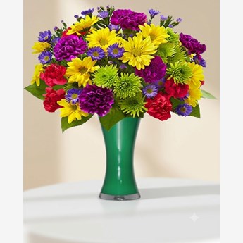 Mixed Color Flowers in Green Vase