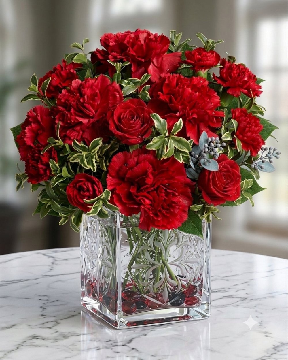 Vase with 10 Red Carnations & 5 Red Roses