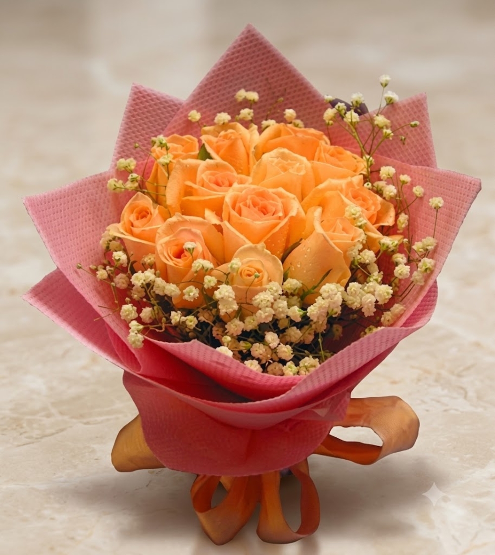 Orange Roses with Baby’s Breath Bouquet