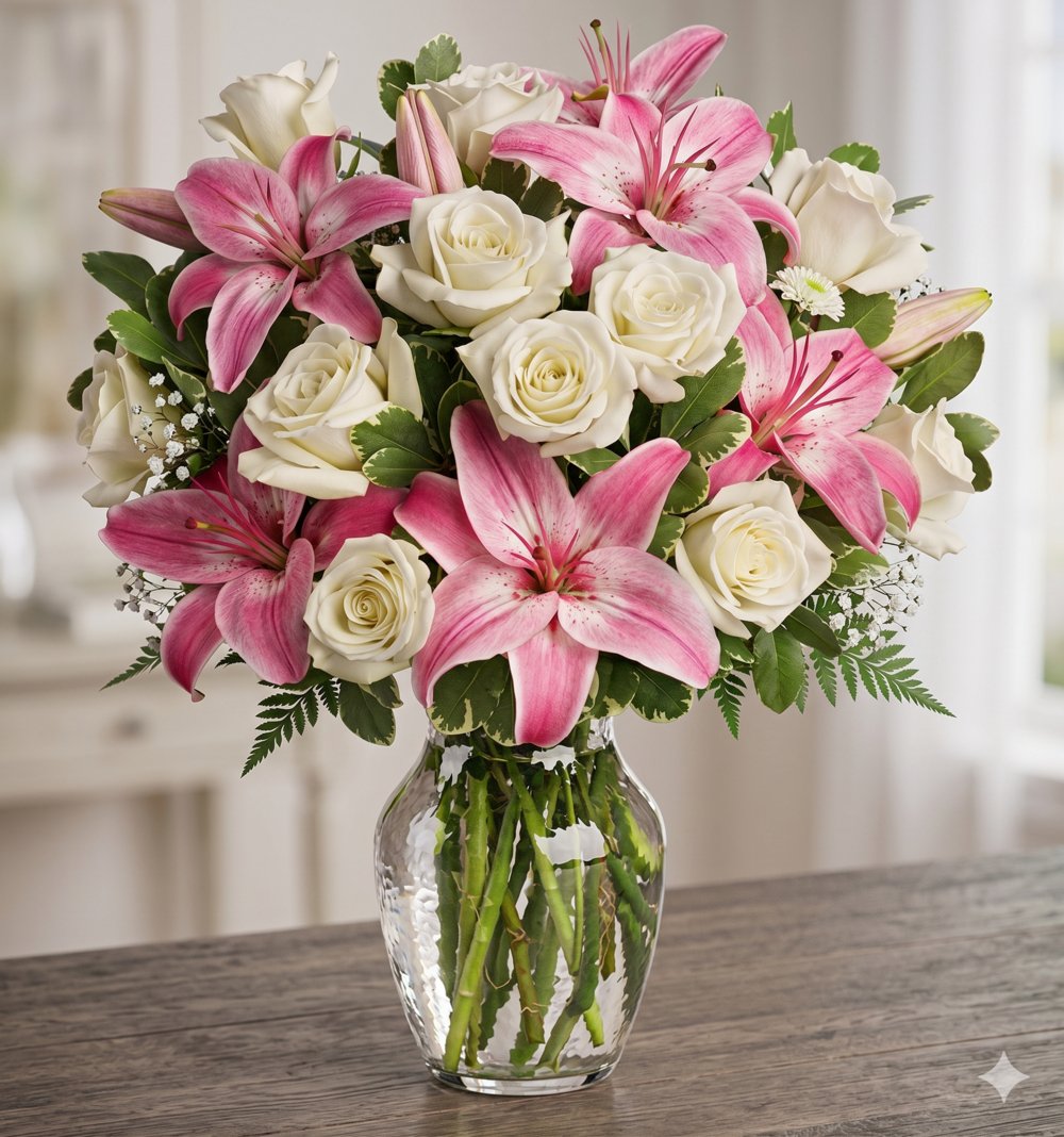 Vase with 5 Stems of Pink Lilies & 12 Stems of White White Roses With Greens