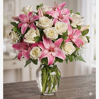 Vase with 5 Stems of Pink Lilies & 12 Stems of White White Roses With Greens