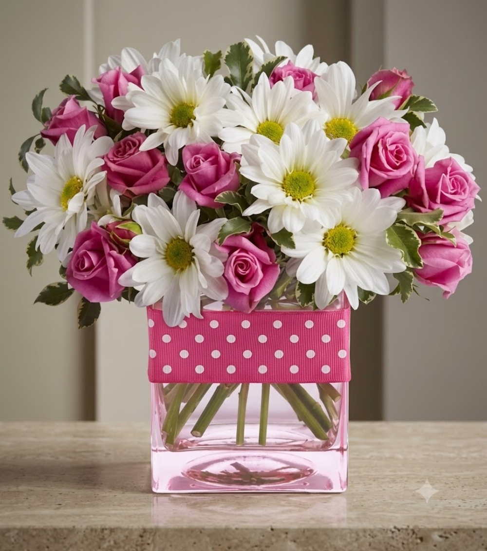 Pink Roses and White Daisies Vase