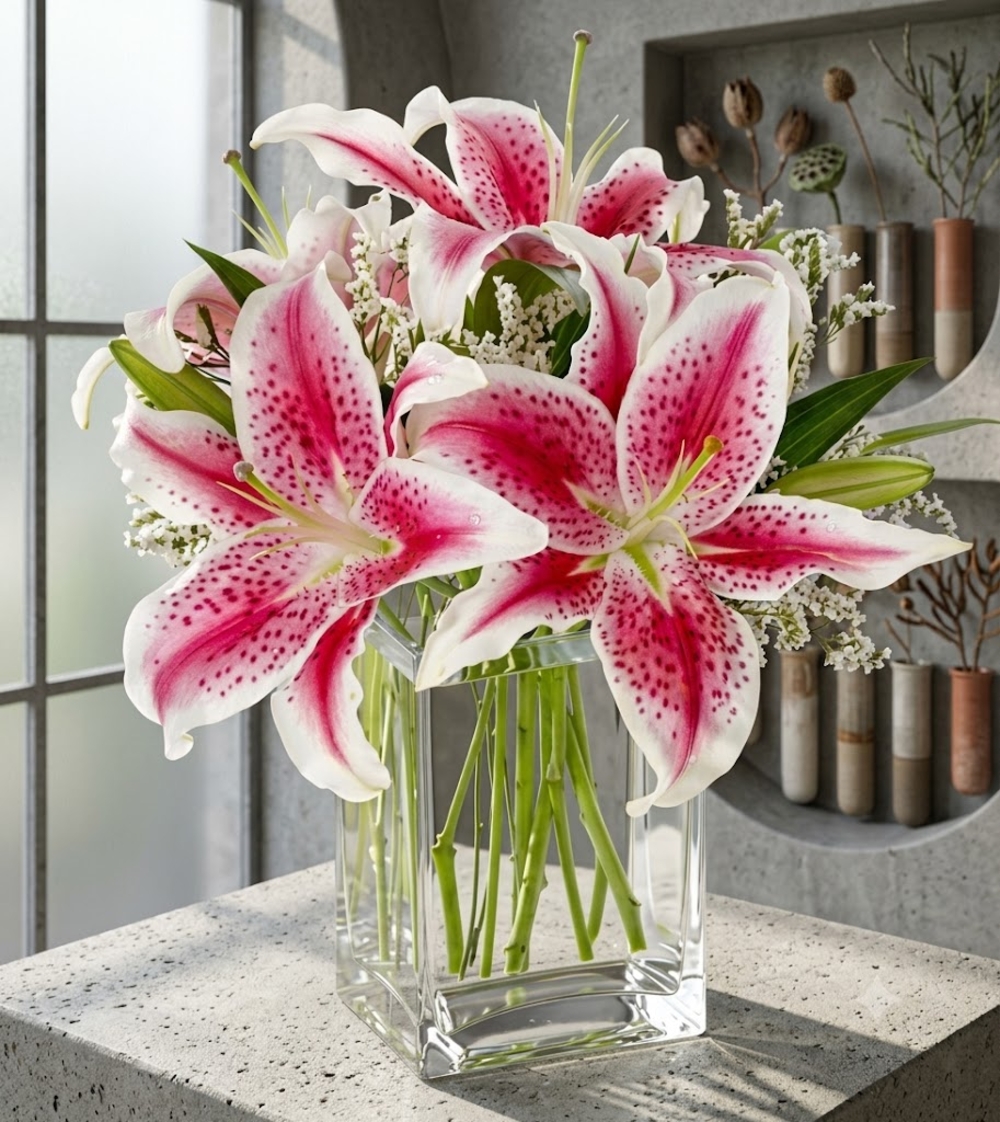 Pink Oriental Lilies in Vase 