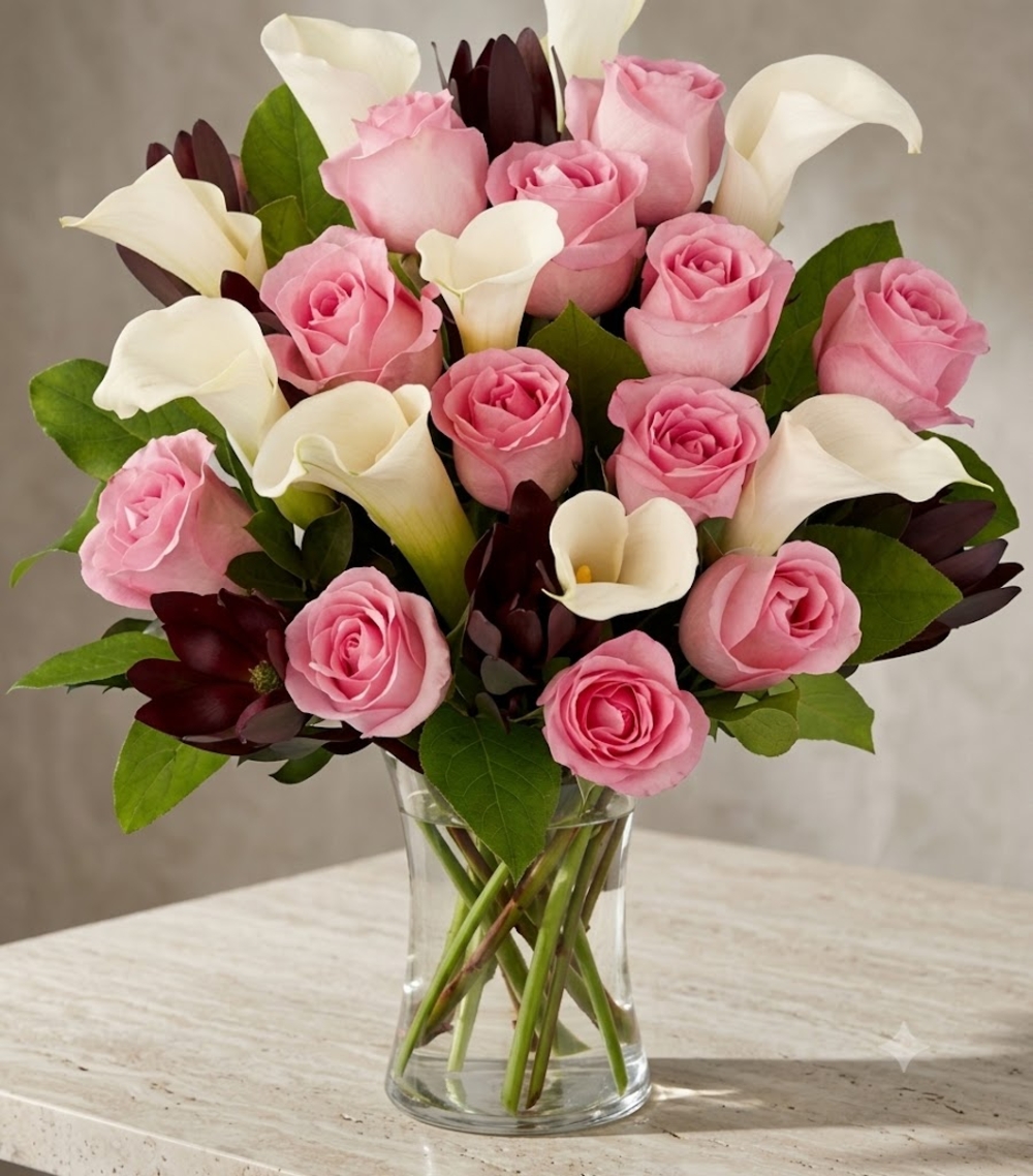 Pink Roses with White Calla Lilies Bouquet
