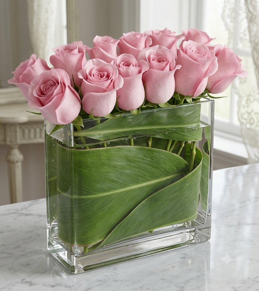 12 Pink Roses in a Vase