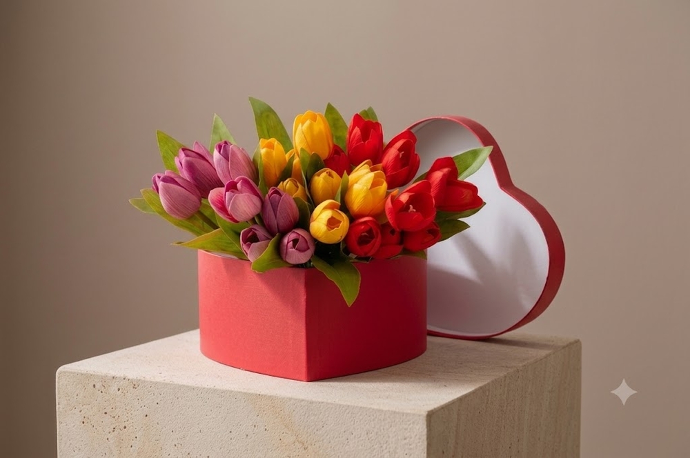 Mixed Color Tulips in Heart Box
