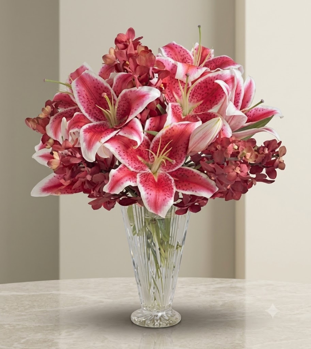 Pink Stargazer Lily and Red Orchid Vase