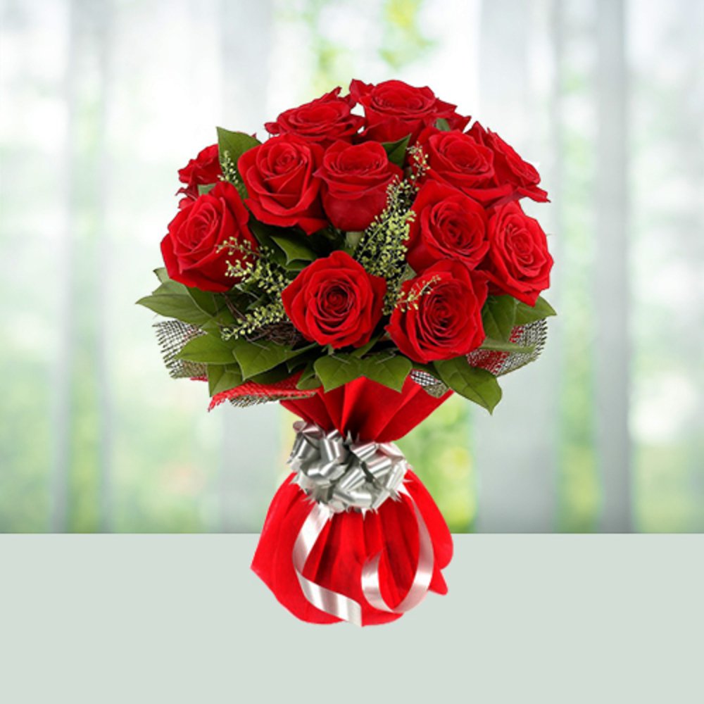 Bunch of 12 Red Roses with Net Packing