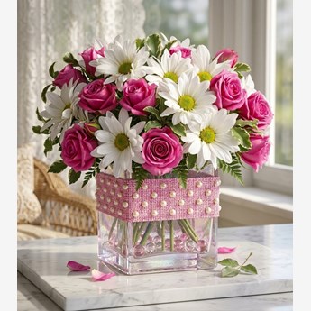 Vase with 10 Stems Of Pink Roses & 5 Stems of White Chrysanthemums
