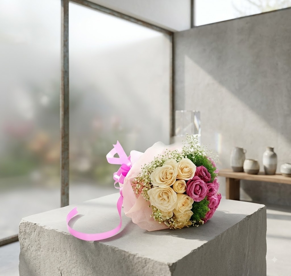 Cream and Pink Roses Bouquet