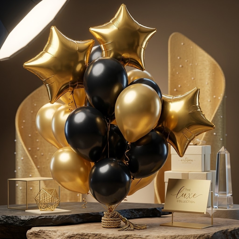 Black and Gold Metallic Balloons Bunch