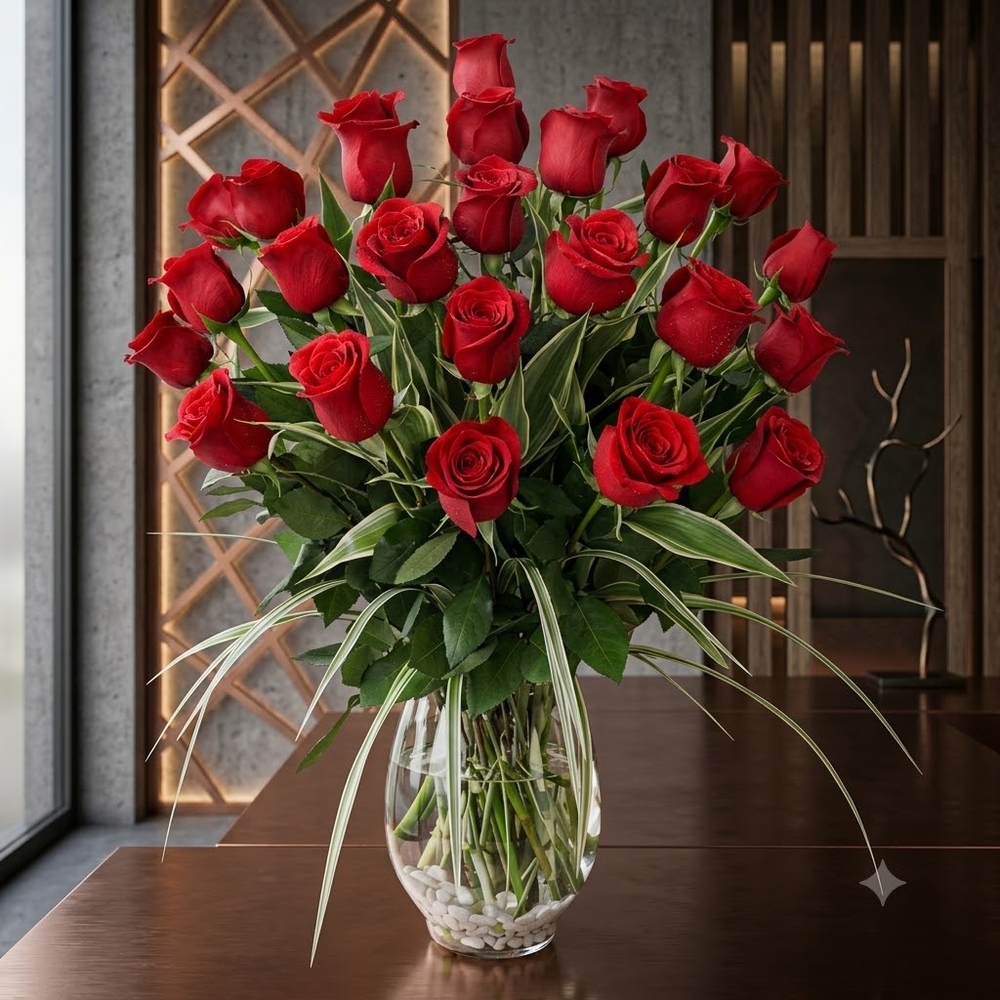 24 Red Roses Elegant Greenery Vase