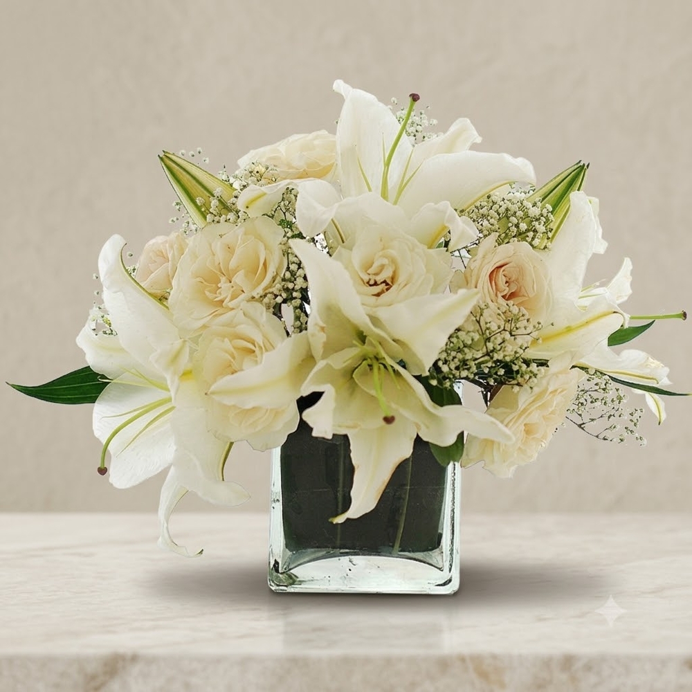 White Lily and Rose Vase