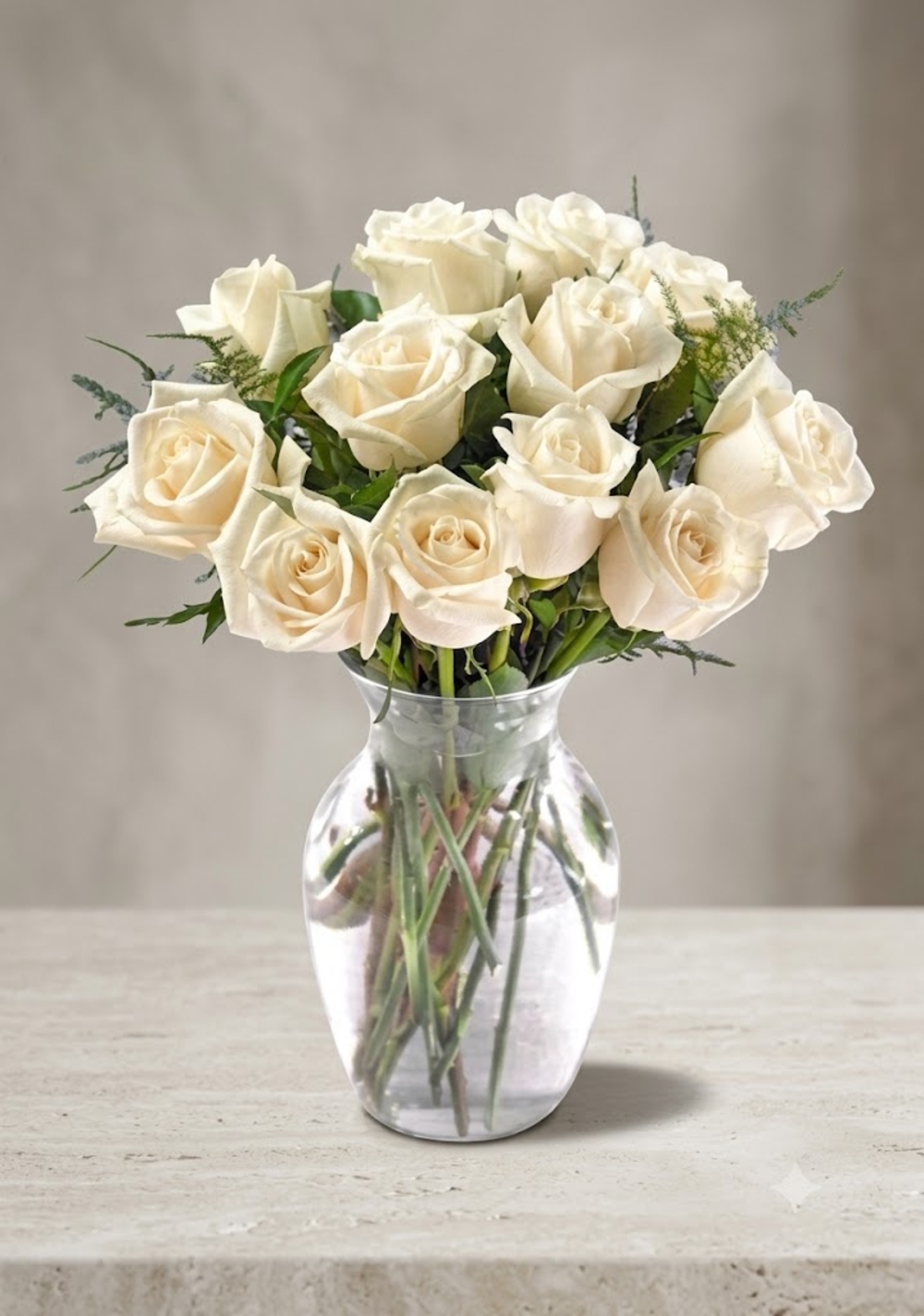 12 White Roses in a Vase