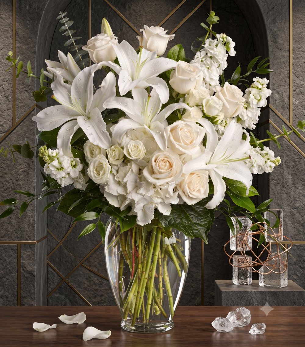 Vase with White Lilies , White Roses & White Carnations