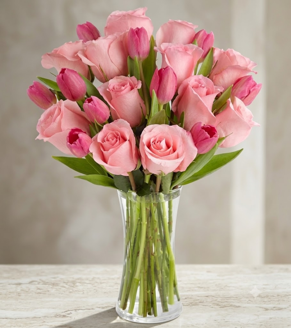 Pink Roses with Tulips Bouquet