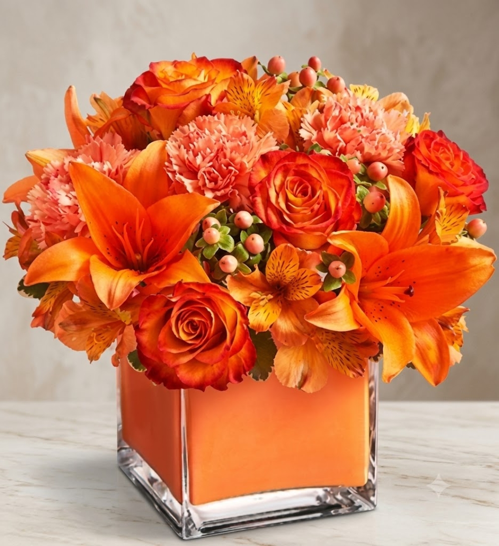 Orange Rose and Lily Flower Arrangement in Vase