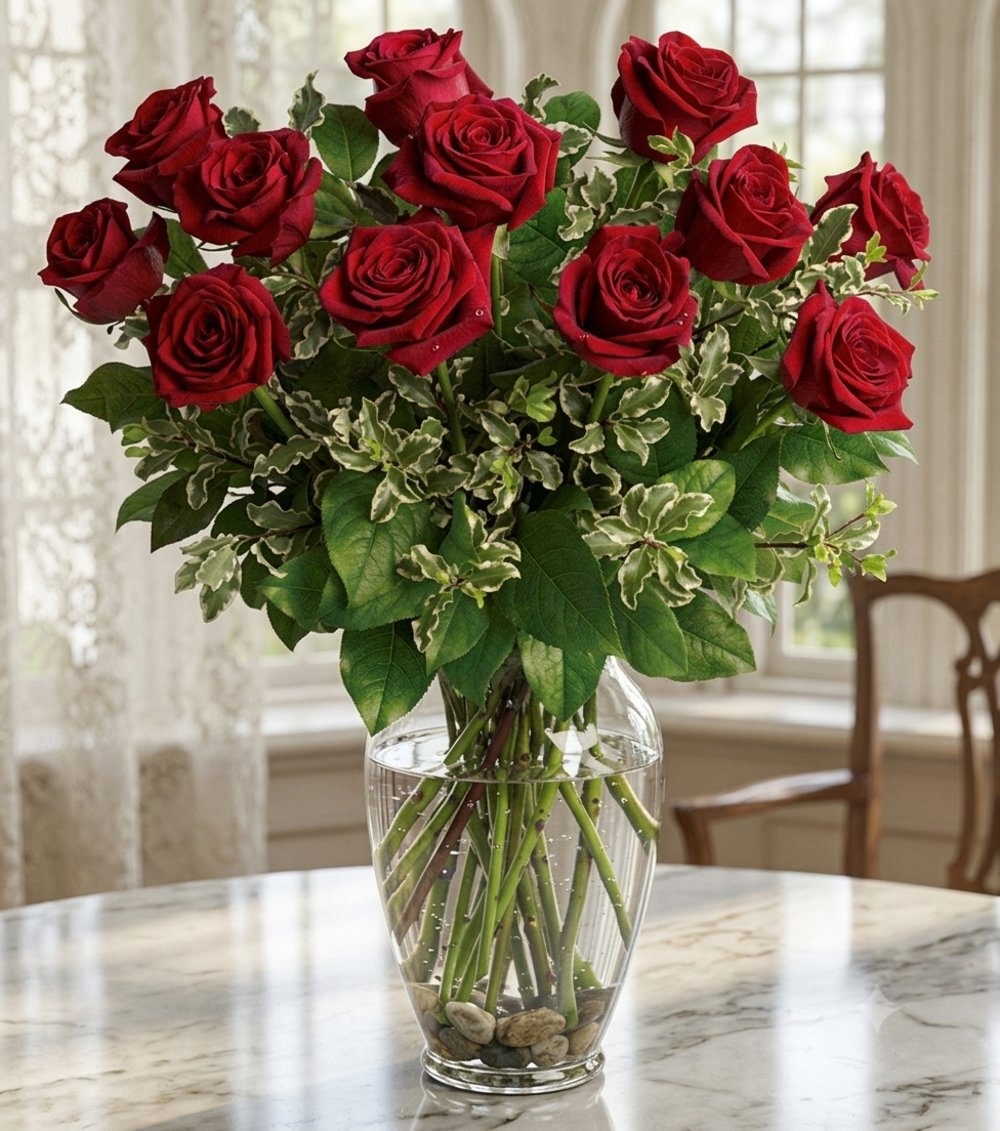 12 Red Roses in a Vase