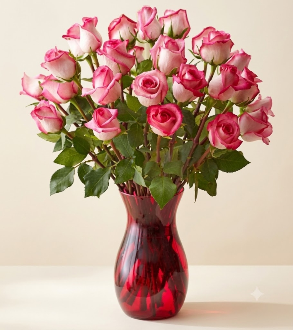 Fresh Pink Roses in a Vase