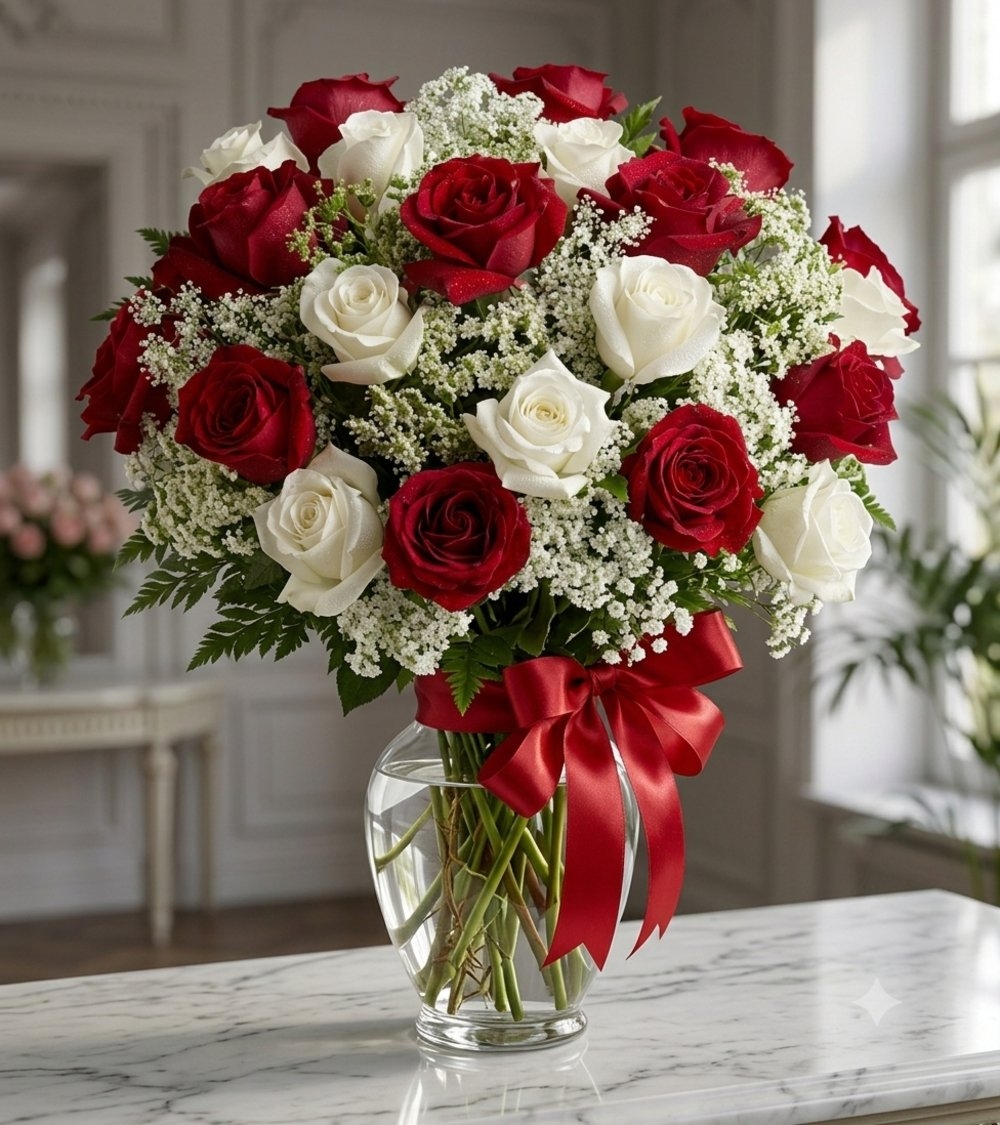 Red and White Roses in a Vase