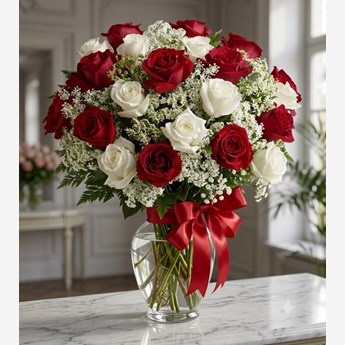 Red and White Roses in a Vase