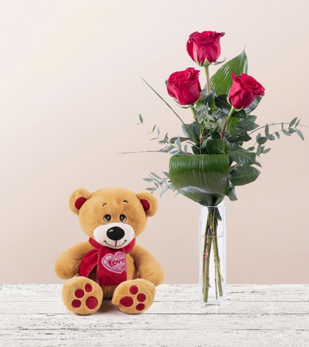 3 Red Roses with Teddy Bear