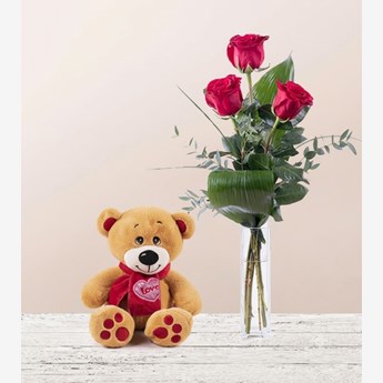3 Red Roses with Teddy Bear