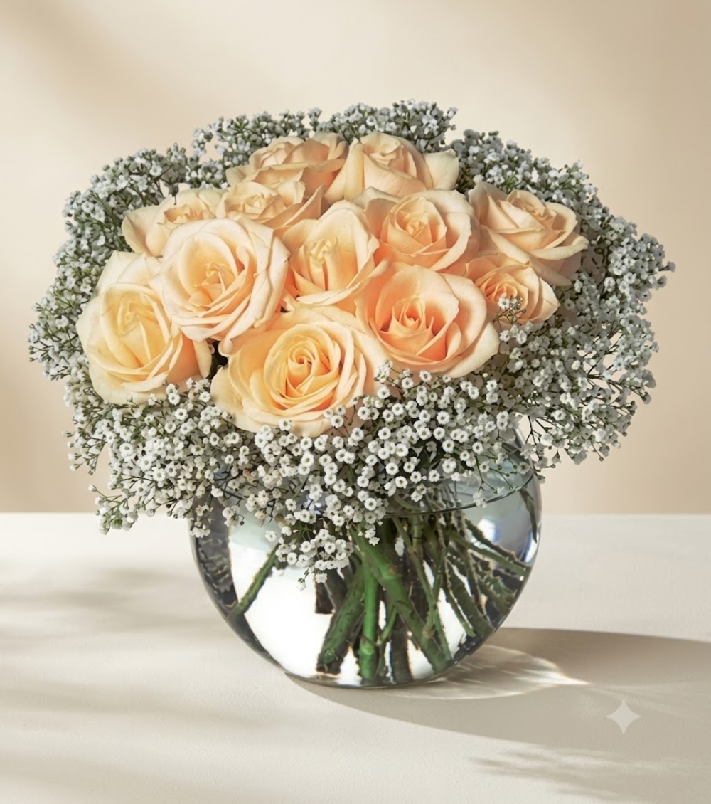 Peach Roses with Baby’s Breath