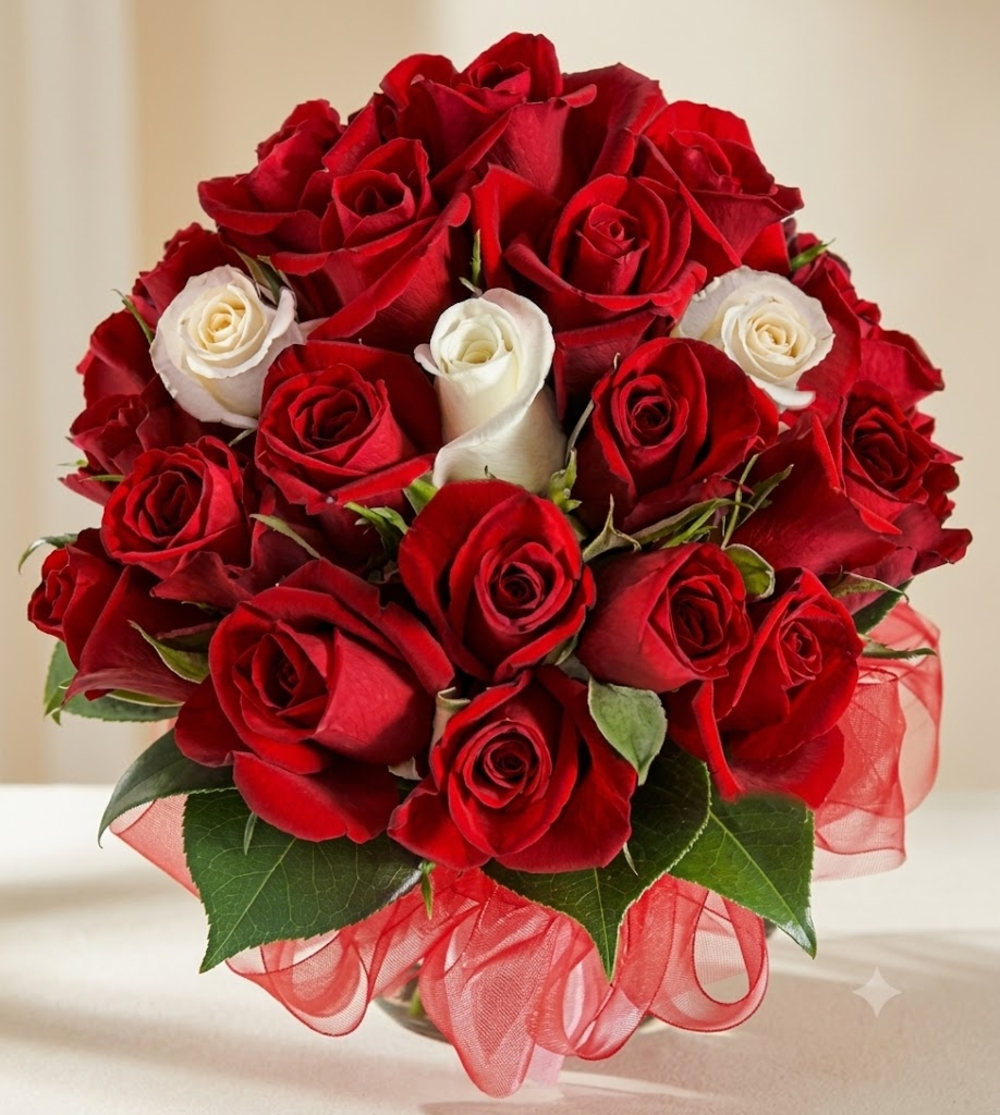 Red and White Roses Bunch