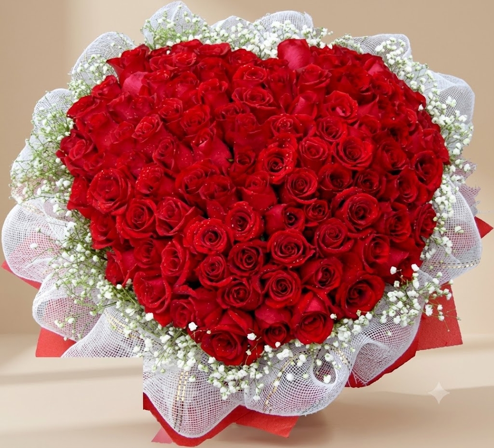 Red Roses and Gypsophila Bouquet