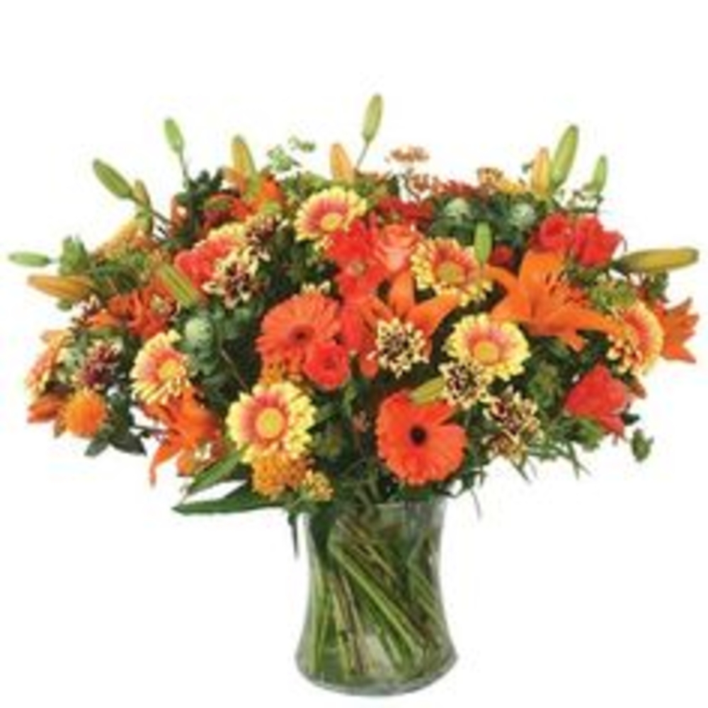 Vase with 10 Orange Lilies , 10 Orange Gerberas , 10 Yellow Gerberas & Chrysanthemums