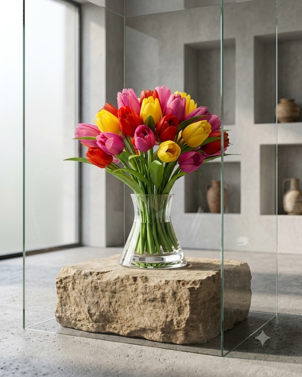 Pink, Red and Yellow Tulip Vase Arrangement