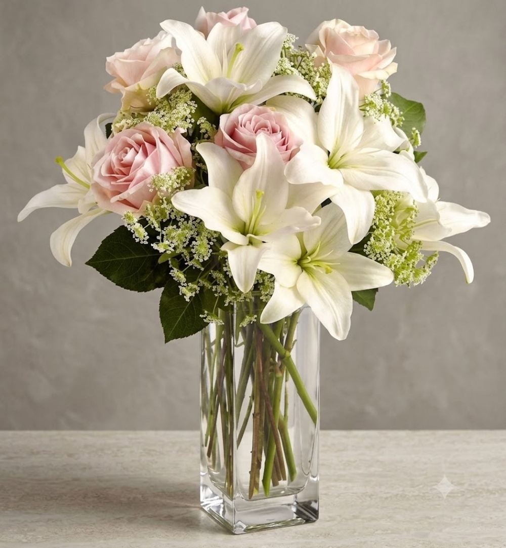 White Lilies and Pink Roses Vase