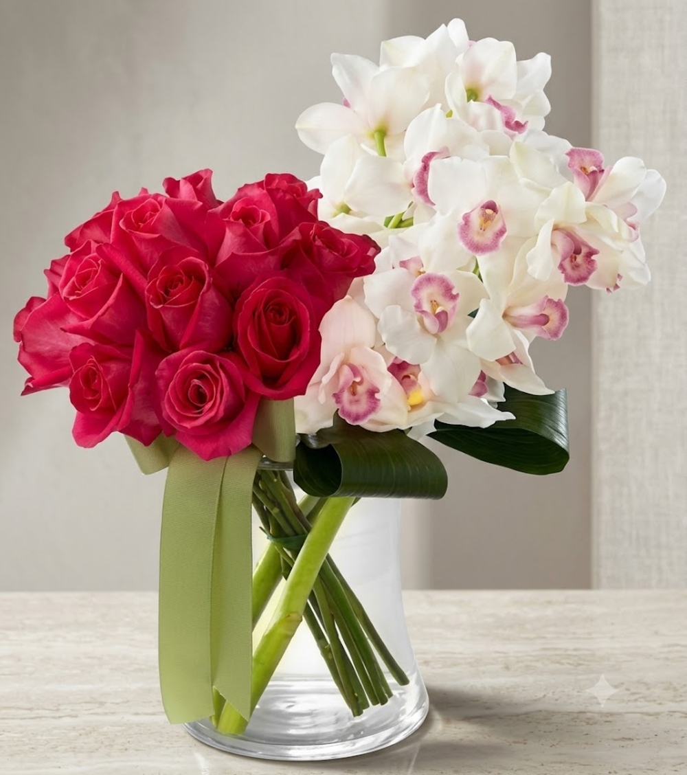 Red Roses and White Orchids Vase