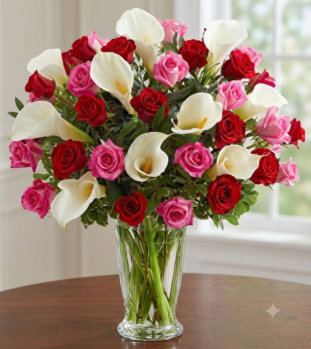 Red and Pink Roses with White Calla Lilies in Vase