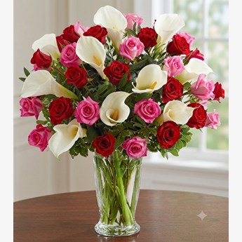 Red and Pink Roses with White Calla Lilies in Vase