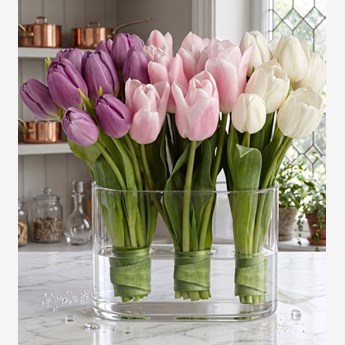 30 Mixed Pink, Purple and White Tulips in a Vase