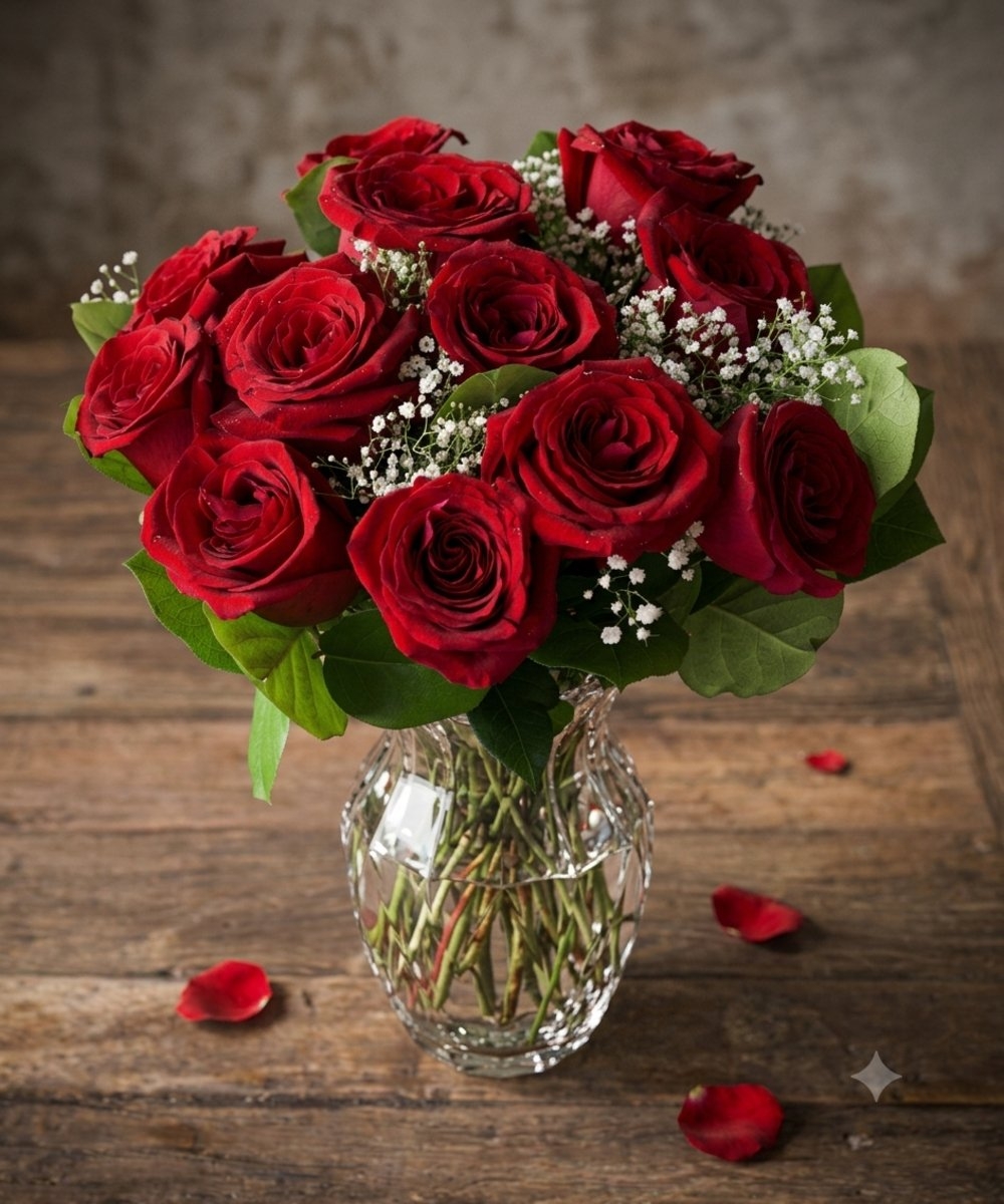 Red Rose and Baby’s Breath Vase Arrangement