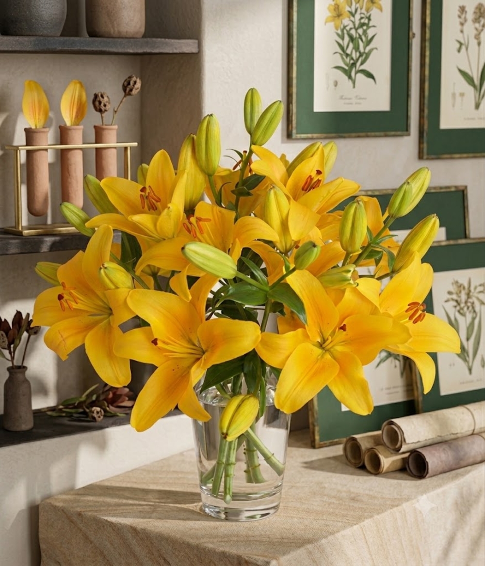 Yellow Asiatic Lily Bouquet in Vase