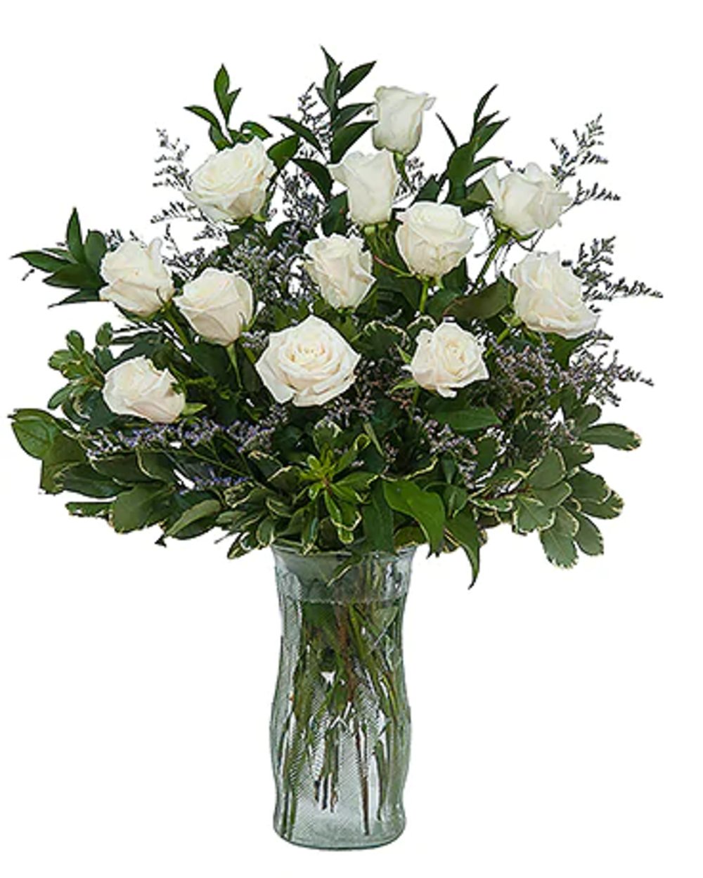 Vase with 10 Stems of White Roses & greens